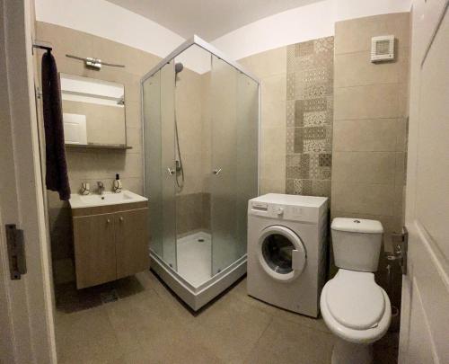 ママイア・ノルドにあるSunset Apartmentのバスルーム(トイレ、シャワー、洗濯機付)