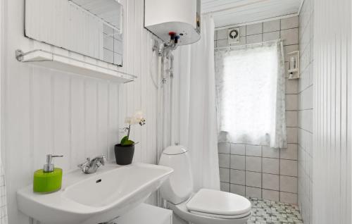 Baño blanco con aseo y lavamanos en Lovely Home In Spttrup With Kitchen, en Spottrup