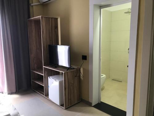 uma casa de banho com uma televisão numa bancada com um WC em TE BUJTINA HOTEL em Golem