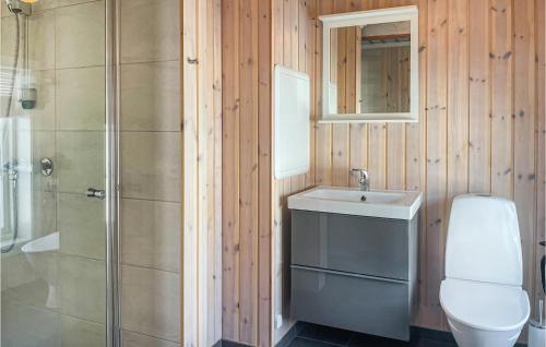 La salle de bains est pourvue de toilettes, d'un lavabo et d'une douche. dans l'établissement Stunning Home In len With Kitchen, à Ålen