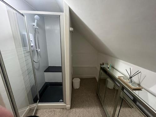 a small bathroom with a shower and a sink at MaCaMor in Helmsdale