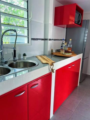 - une cuisine avec des placards rouges et un évier dans l'établissement Villa le Cotonnier Lodge, à Saint-François