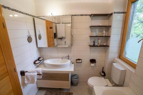 een badkamer met een wastafel en een toilet bij Tri pera -- self check in in Osijek