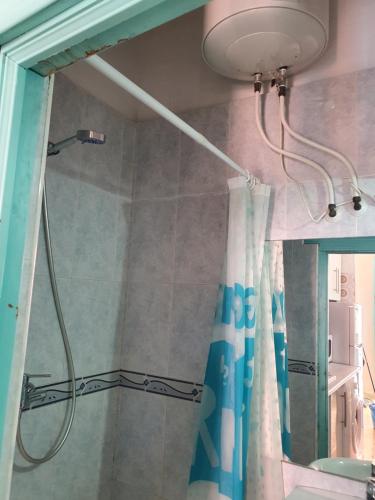 アルメリアにあるCasita de la Almedina de Almeriaのバスルーム(青いシャワーカーテン付)が備わります。