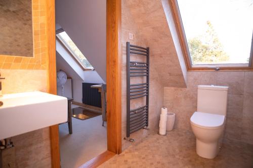 a bathroom with a toilet and a sink and a window at Converted Barn House - Central Oxford, Cotswolds in Cassington