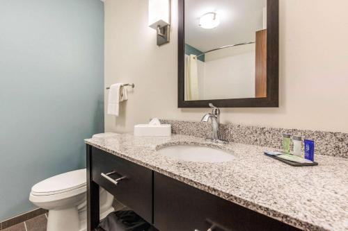 La salle de bains est pourvue d'un lavabo, de toilettes et d'un miroir. dans l'établissement Sleep Inn & Suites, à South Jacksonville