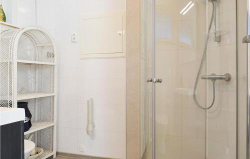 baño con ducha y puerta de cristal en Gorgeous Apartment In Lyngdal With Kitchen, en Lyngdal