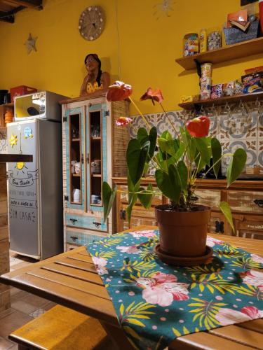 eine Küche mit einem Tisch und einer Topfpflanze darauf in der Unterkunft A Ver o Mar Beach House in Caraguatatuba
