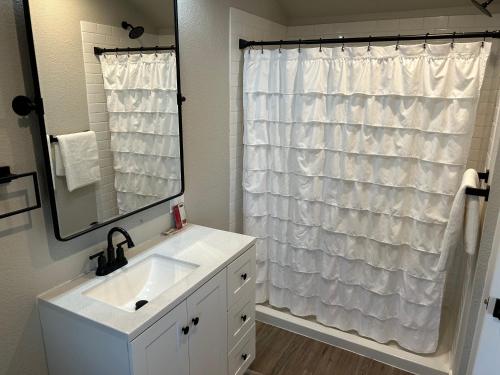 een badkamer met een wastafel en een douchegordijn bij Adorable One Bedroom Cottage in Oakdale