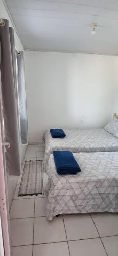 two beds with blue pillows in a room at Quartos privativo frente mar com banheiro compartilhado in Maragogi