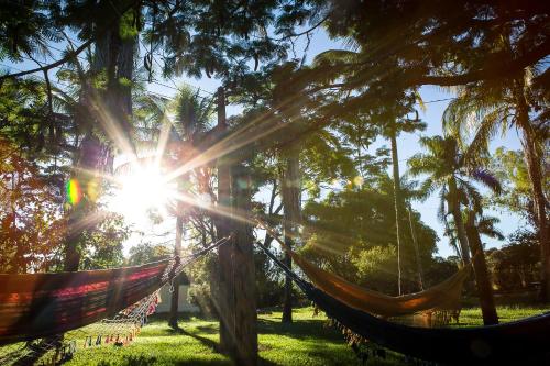 a hammock in a park with the sun shining through trees at Quatro Estações Pesqueiro e Hotel Fazenda in Esmeraldas