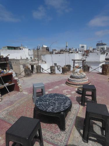 a group of tables and stools sitting on a roof at Booking and hosting medina in Casablanca