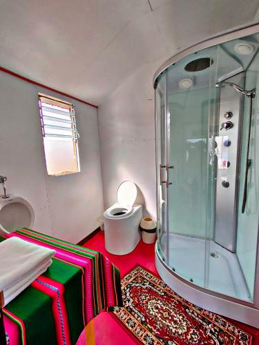 a bathroom with a glass shower and a toilet at Titicaca Origins Perú in Puno