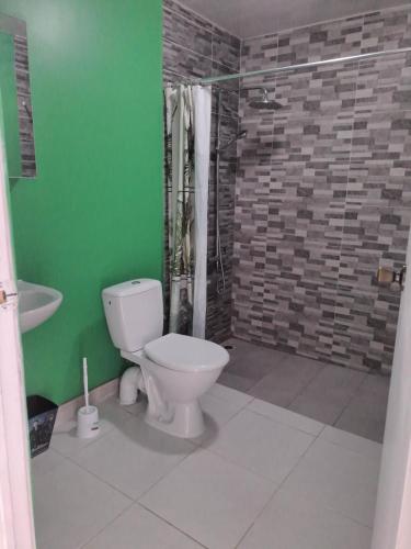 baño con aseo y pared verde en Laure hébergement loue lits en dortoir, en Faaa