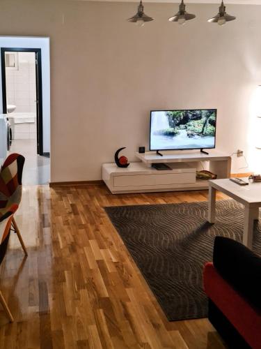 a living room with a flat screen tv on a wall at Apartament Alina - la parter & parcare rezervata in Deva