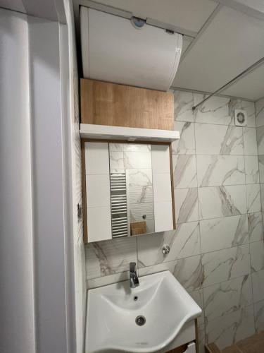 een badkamer met een wastafel en een spiegel bij Apartman Didi2- free private parking-garage in Novi Sad