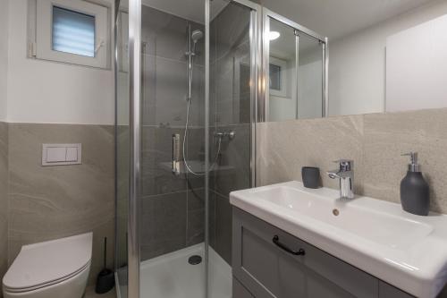 a bathroom with a shower and a sink and a toilet at Studio Apartment Mali in Medulin
