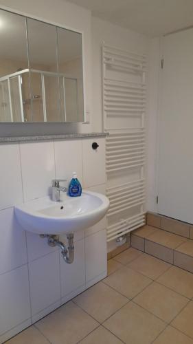a white bathroom with a sink and a mirror at Monteurswohnung am Ederseeradweg mit 2 Schlafzimmern, Terrasse, Parkplatz - Wohnung 1 in Waldeck
