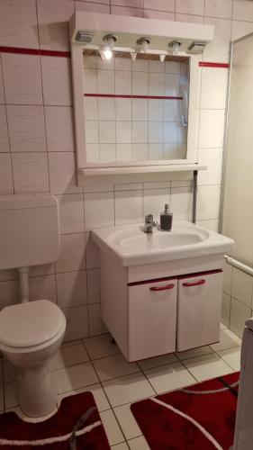 a bathroom with a white sink and a toilet at Schöne 2-Zimmer Ferienwohnung in Löffingen