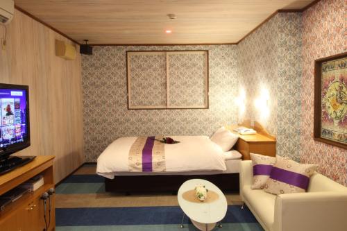 ein Hotelzimmer mit einem Bett und einem TV in der Unterkunft 大人のホテルドルフィア in Daisen