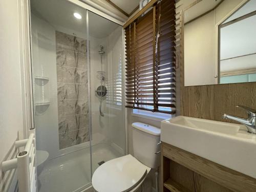 La salle de bains est pourvue de toilettes, d'un lavabo et d'une douche. dans l'établissement Luxury Lodge With Stunning Full Sea Views In Suffolk Ref 20234bs, à Hopton on Sea