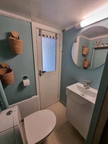 La salle de bains est pourvue de toilettes, d'un lavabo et d'un miroir. dans l'établissement Holiday Home Justadvika, à Justad