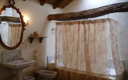 a bathroom with a sink and a toilet and a mirror at Hotel Boutique Condes Fúcares in Almadén