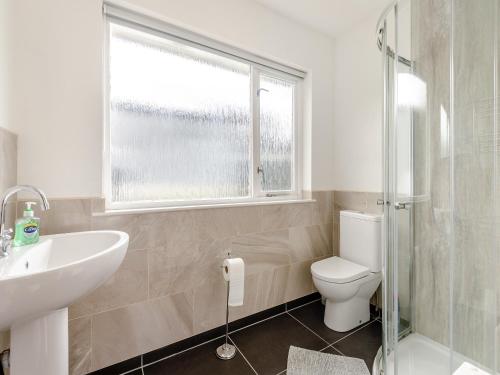 ein Bad mit einem WC, einem Waschbecken und einem Fenster in der Unterkunft Cambrian Mountain View in Llanafan-fawr