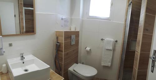 ein weißes Bad mit einem Waschbecken und einem WC in der Unterkunft Hôtel Saint Michel in Digne-les-Bains