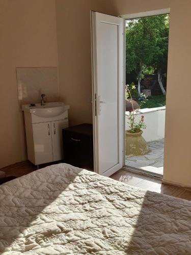 1 dormitorio con cama, lavabo y ventana en gogi, en Tskaltubo