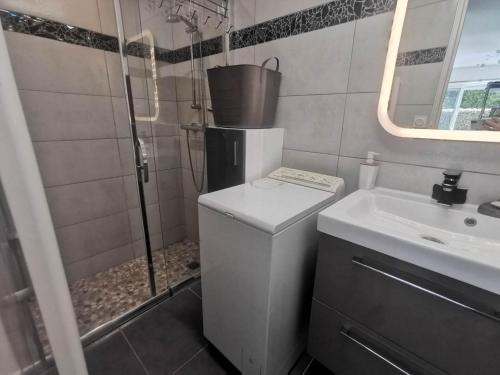 une salle de bain avec une douche, des toilettes et un lavabo dans l'établissement 5041 Tennis Village 307, au Cap d'Agde