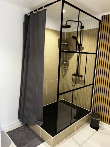 a shower with a glass enclosure in a bathroom at Le Repaire d'Alfred in Stavelot