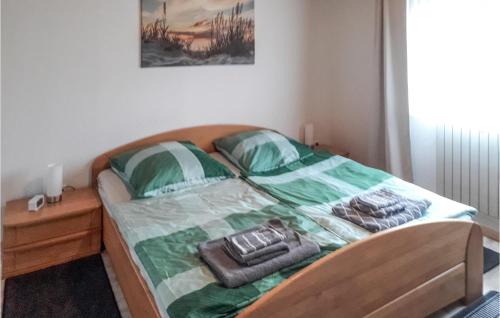 a bed with a green and white quilt on it at 2 Bedroom Amazing Home In Flammersfeld in Flammersfeld