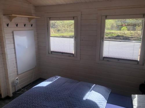 1 Schlafzimmer mit 2 Fenstern und 1 Bett in der Unterkunft WOMOCAMP Holzhütte 2 in Saulkrasti