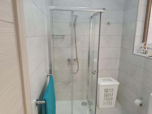 W łazience znajduje się prysznic ze szklanymi drzwiami. w obiekcie Seagull Flats w mieście Marsalforn