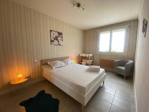 1 dormitorio con 1 cama, 1 silla y 1 ventana en Gîte aux portes des châteaux - 12 min de Beauval, en Saint-Romain-sur-Cher