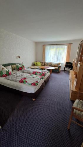 pokój hotelowy z 2 łóżkami i kanapą w obiekcie Haus Schmidt w mieście Alt Bukow