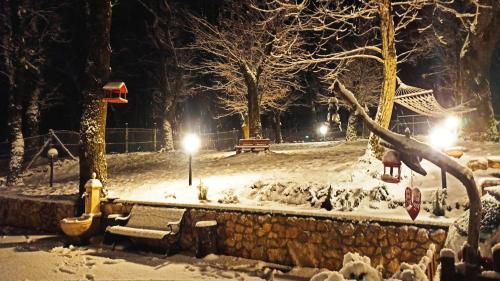 een park bedekt met sneeuw in de nacht bij La Casa nel Bosco in Serino