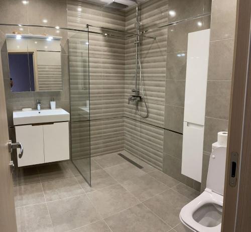 y baño con ducha, lavabo y aseo. en Apartment Mladost 2 - Free Parking, en Sofía