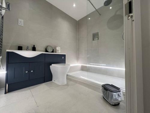 a bathroom with a tub and a toilet and a shower at Mustafa House By E2M Stays - 1 & 2 Bedroom Stunning Apt in Central Town in Camberley