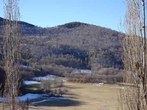 a view of a mountain with a field and trees at La Méridienne - Chambres d'hôtes in Venterol