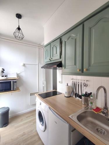 eine Küche mit grünen Schränken und einem Waschbecken in der Unterkunft Joli studio du Vallespir in Amélie-les-Bains-Palalda