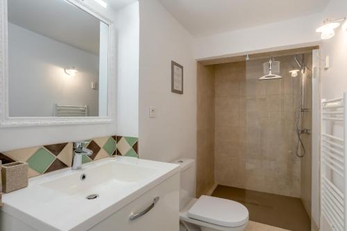 ein Badezimmer mit einem Waschbecken, einem WC und einem Spiegel in der Unterkunft LA VILLA DU PETIT BOIS Les Lavandes in Faucon