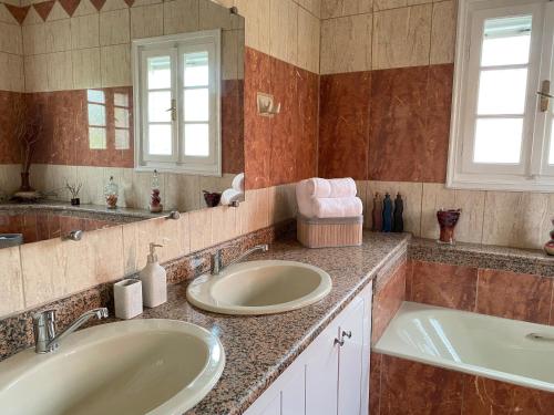 a bathroom with two sinks and two mirrors at Coro Cozy House in Potamós