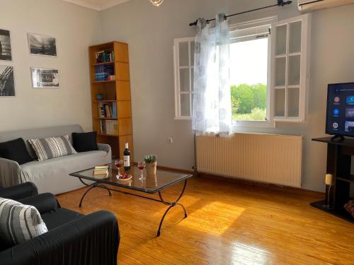 ein Wohnzimmer mit einem Sofa und einem Tisch in der Unterkunft Coro Cozy House in Potamós