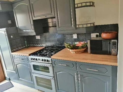 uma cozinha com armários azuis, um fogão e um micro-ondas em Park House em Leicester