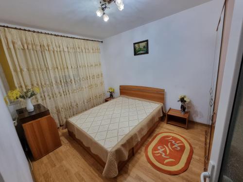 a small bedroom with a bed and a rug at Vali Apart in Mangalia