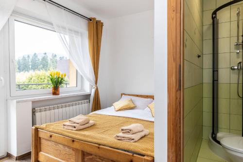 a bedroom with a bed and a window and a shower at Pensjonat Góraleczka-Kościelisko in Kościelisko