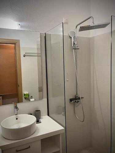 a bathroom with a sink and a shower at Anemoni Beach Hotel in Skiathos Town