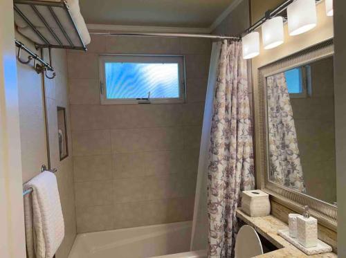 a bathroom with a tub and a shower with a window at Palo Alto 1 Bedroom Near Stanford University in Palo Alto